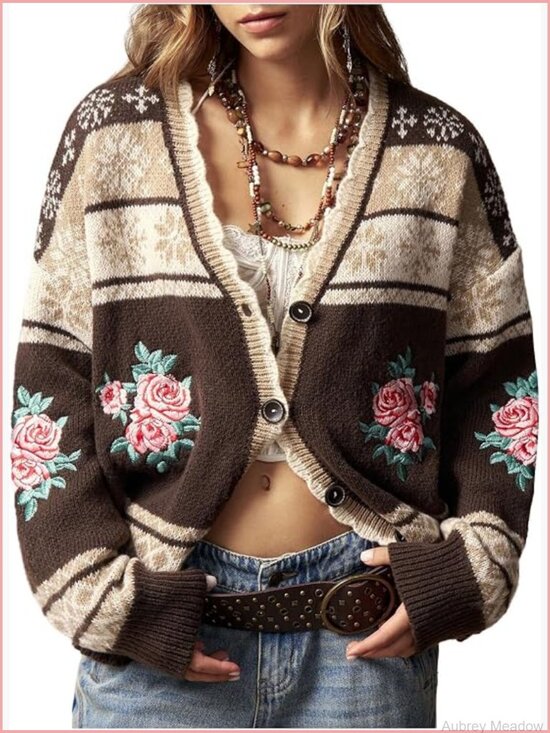 Sweaters - Vintage Floral Fair Isle Cardigan Button Up Oversized Winter Sweater